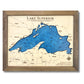 Engraved water layer map of Lake Superior.