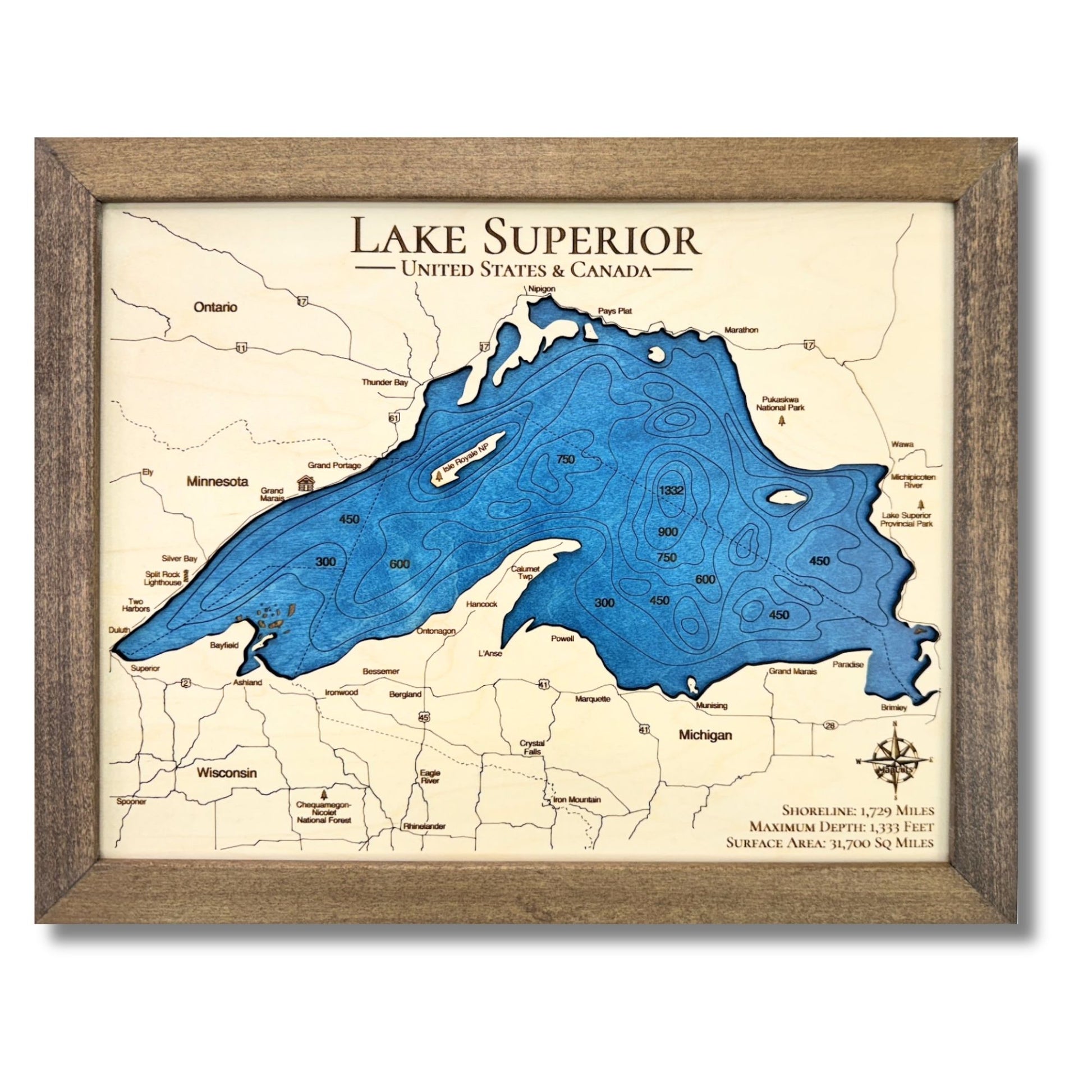 Engraved water layer map of Lake Superior.