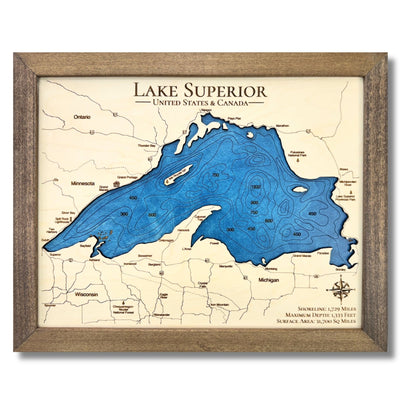 Engraved water layer map of Lake Superior.