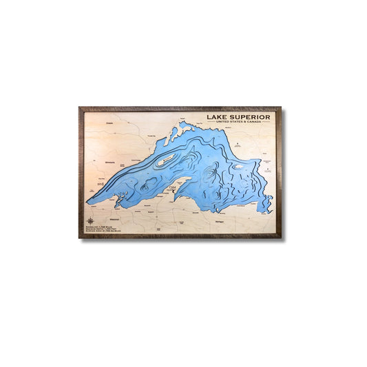 Wooden framed map of Lake Superior on a white background