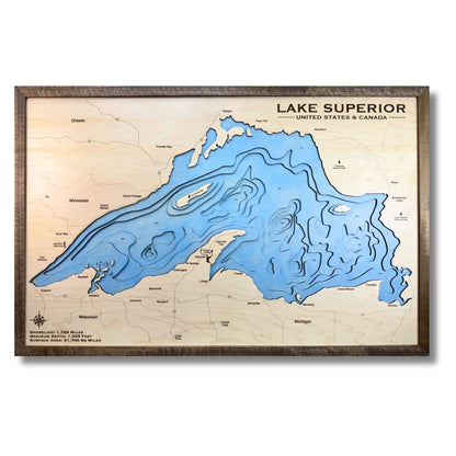 Multi water layer map of Lake Superior with wooden frame