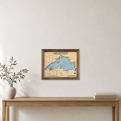Lake Superior wood map — single layer, staged room mockup