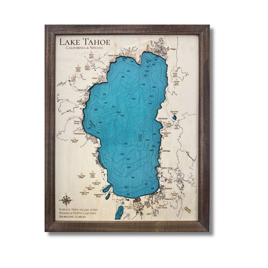 Engraved water layer map of lake Tahoe. 