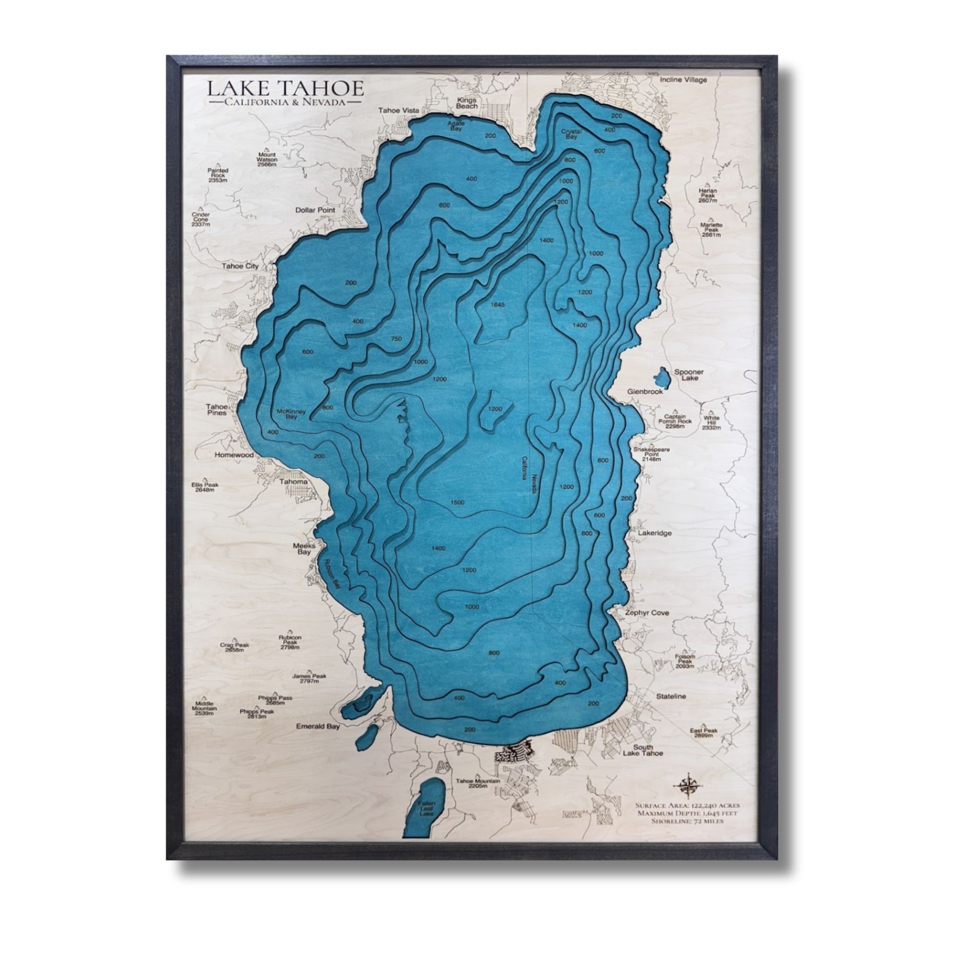 Large multilayer water map of Lake Tahoe.