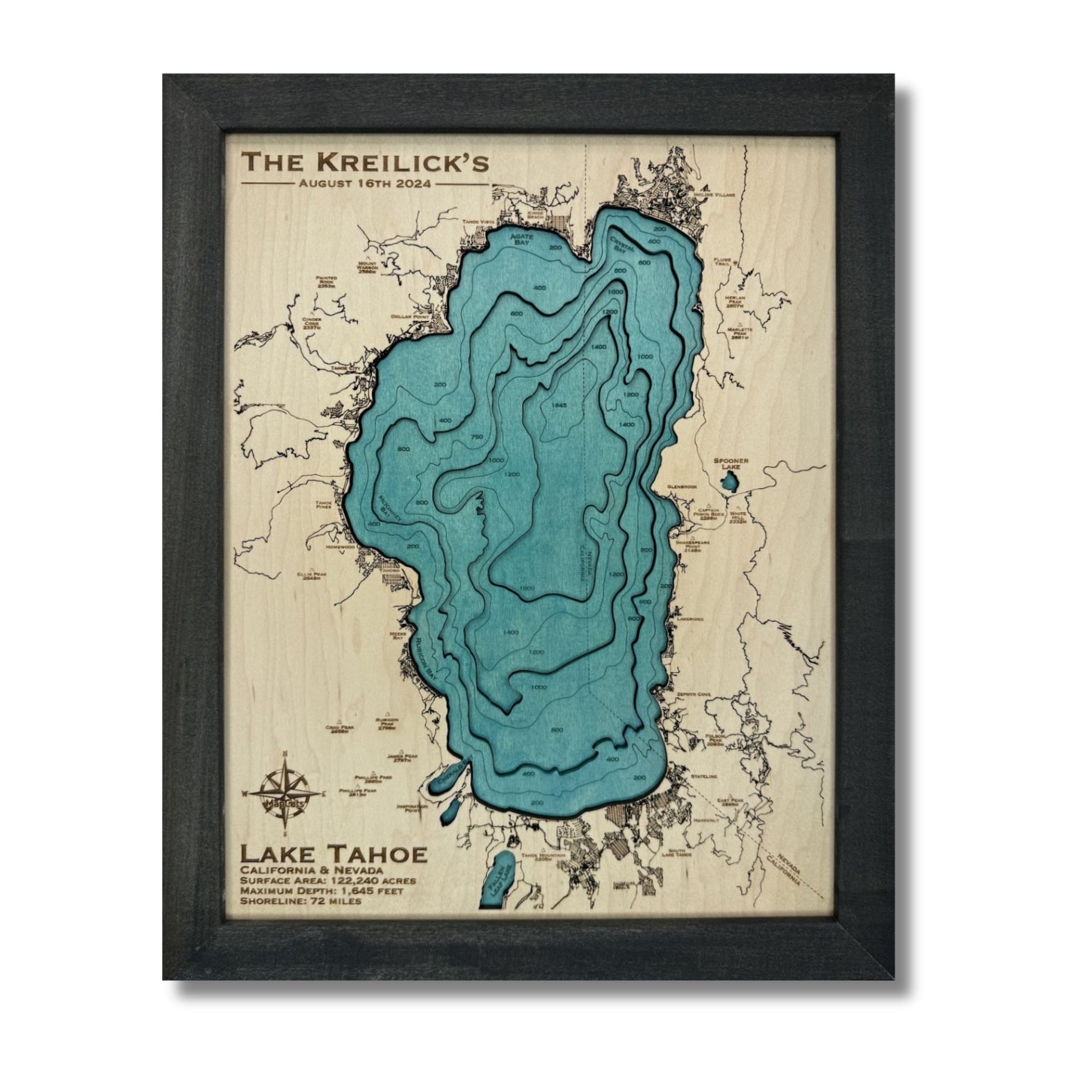 Custom multilayer wooden map of Lake Tahoe.