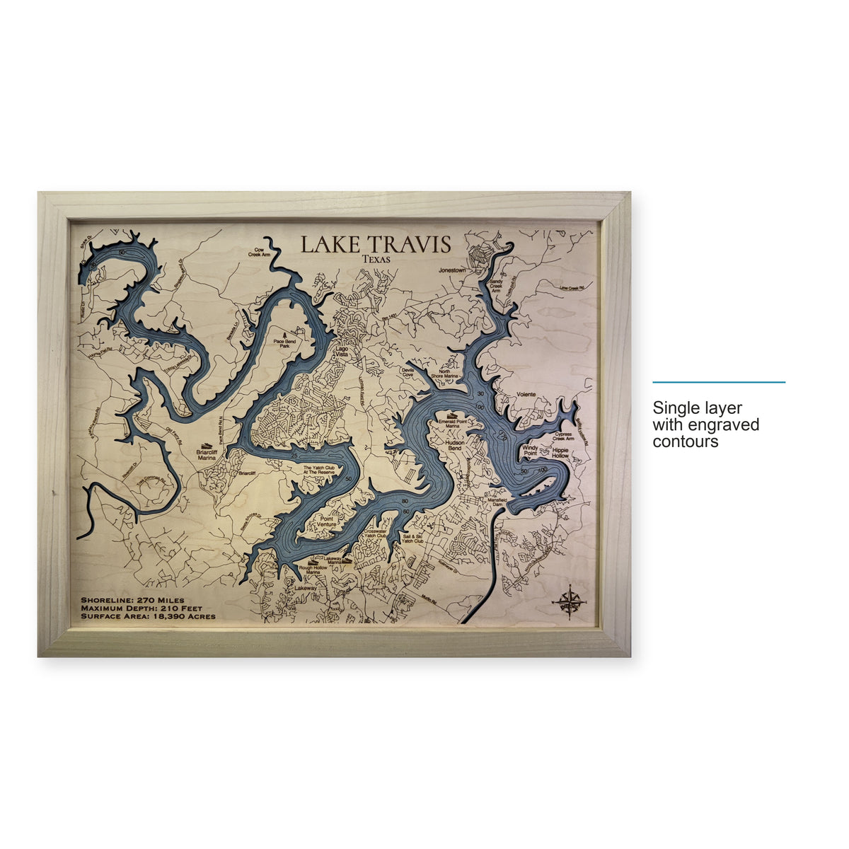 Lake Travis wood map — single layer with engraved contours, layer option shown