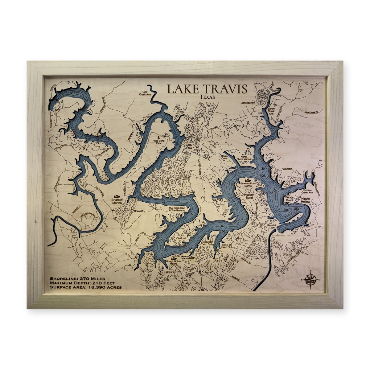 Lake Travis wood map — single layer with engraved contours, white background