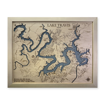 Lake Travis wood map — single layer with engraved contours, white background