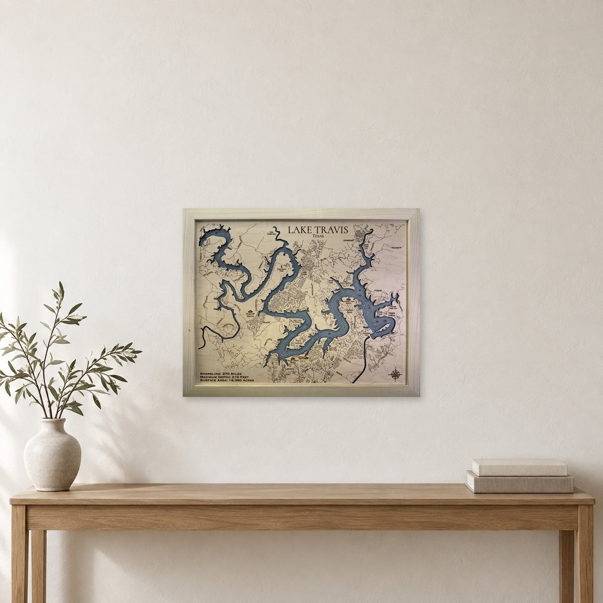 Lake Travis wood map — single layer with engraved contours, staged room mockup