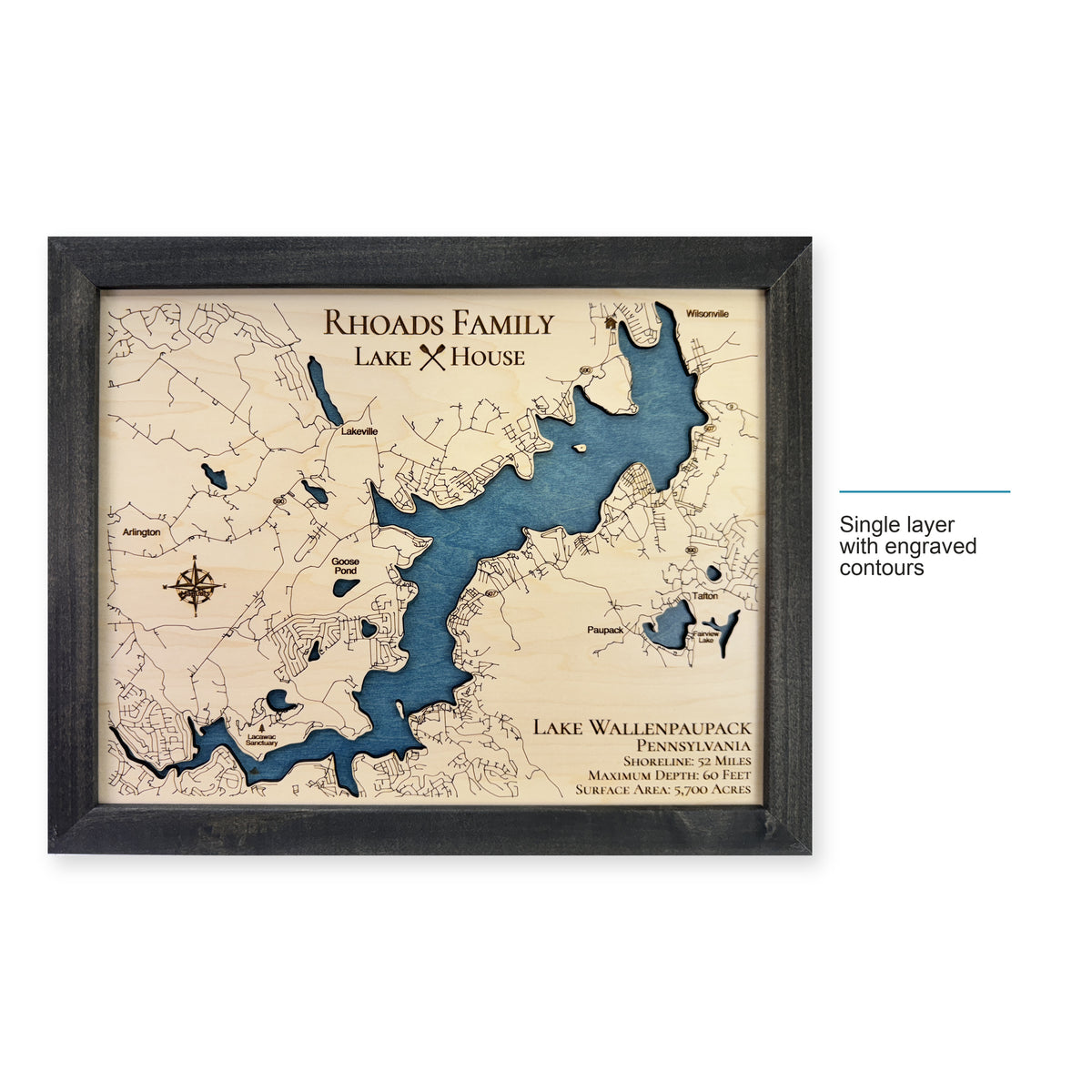 Lake Wallenpaupack wood map — single layer with engraved contours, layer option shown