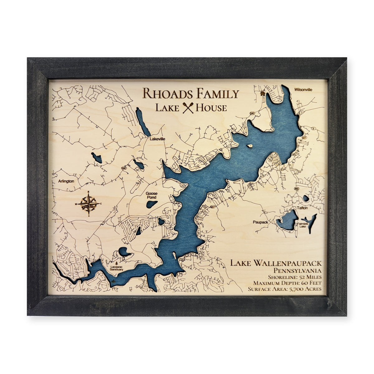 Lake Wallenpaupack wood map — single layer with engraved contours, white background