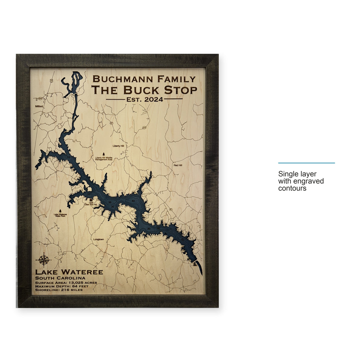 Lake Wateree Buchmann wood map — single layer with engraved contours, layer option shown