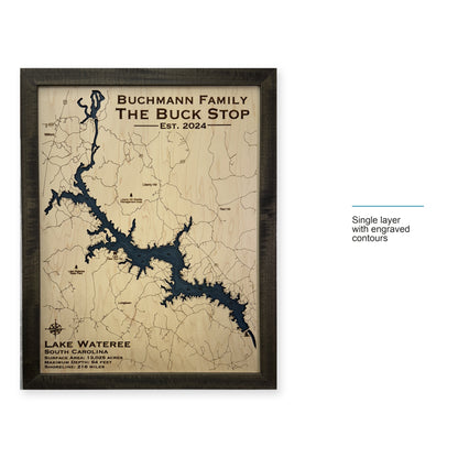 Lake Wateree Buchmann wood map — single layer with engraved contours, layer option shown