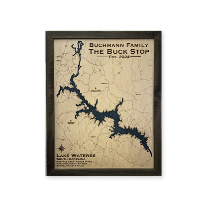 Lake Wateree Buchmann wood map — single layer with engraved contours, white background