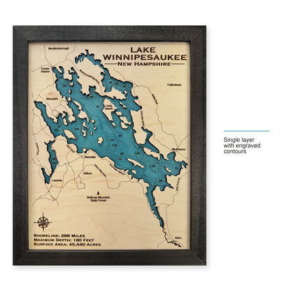 Lake Winnipesaukee wood map — single layer with engraved contours, layer option shown