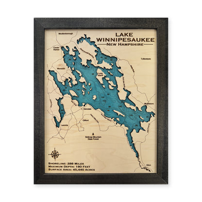 Lake Winnipesaukee wood map — single layer with engraved contours, white background