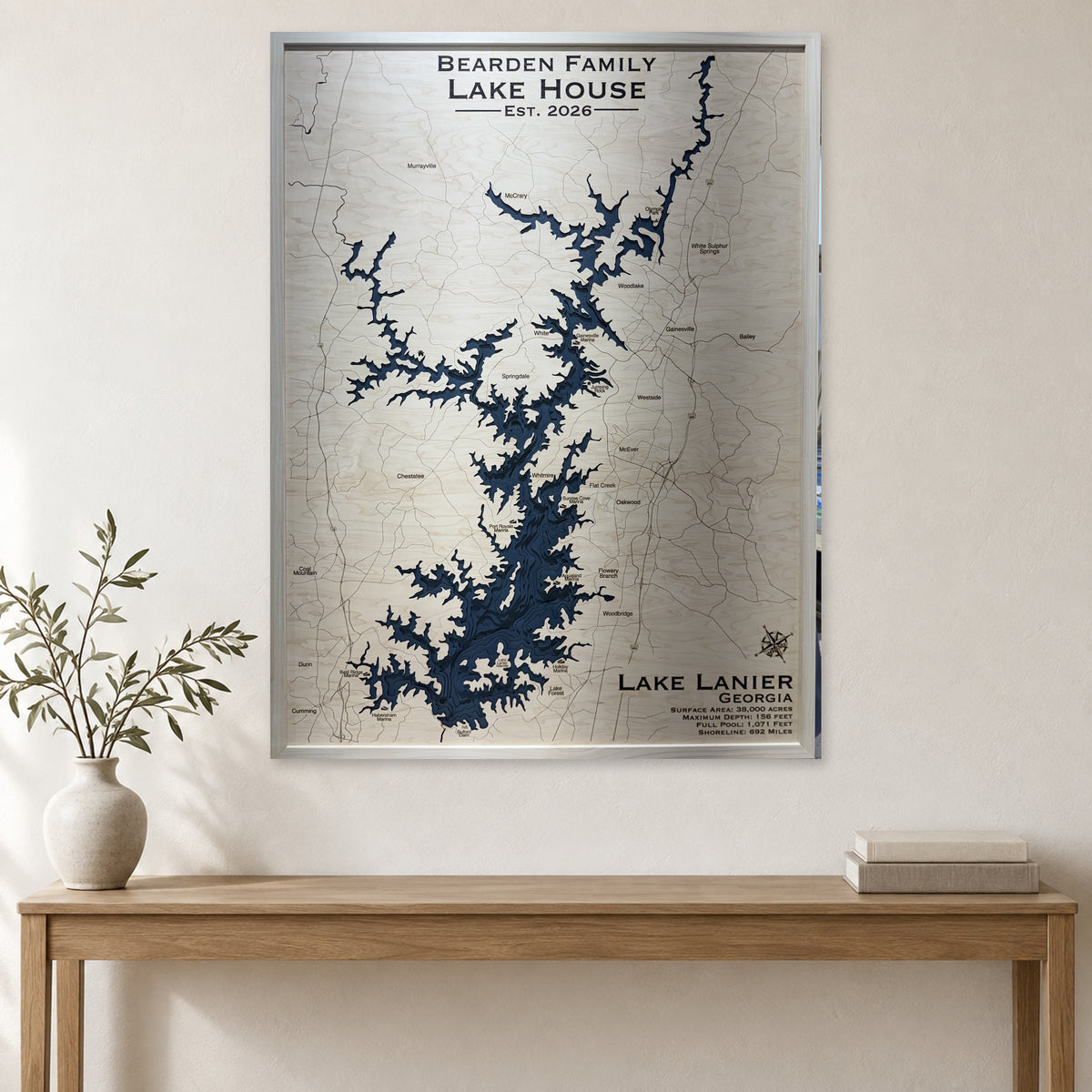 Lanier Bearden wood map — multilayer, staged room mockup