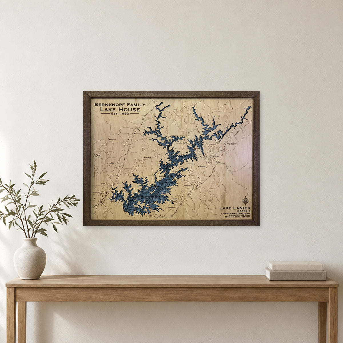 Lanier Bernknopf wood map — multilayer, staged room mockup