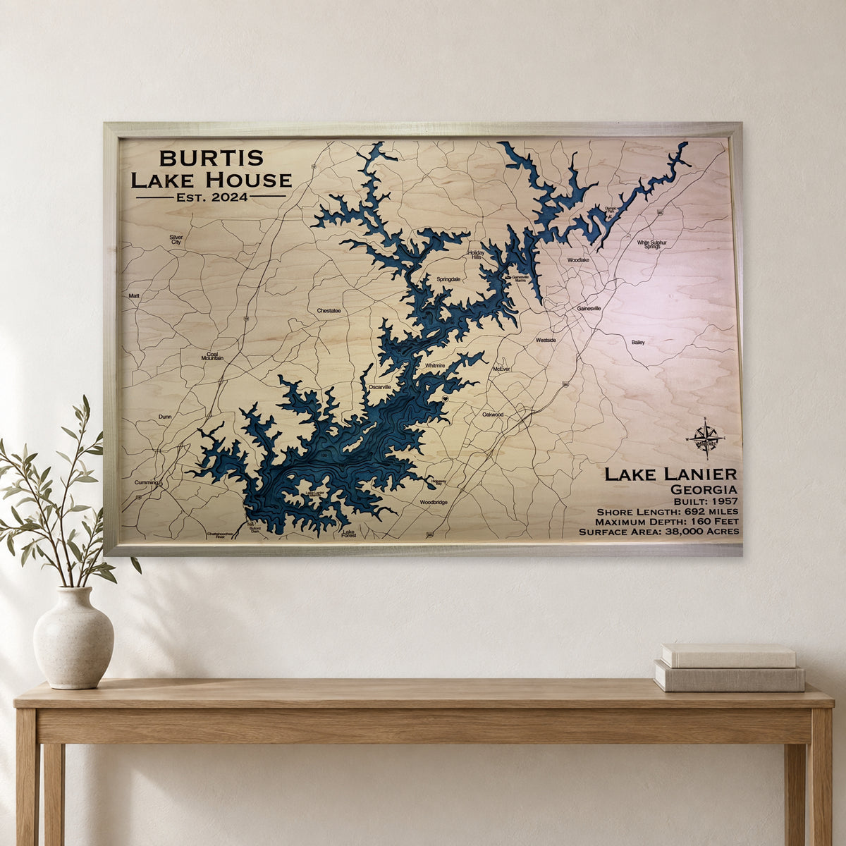 Lanier Burtis wood map — multilayer, staged room mockup