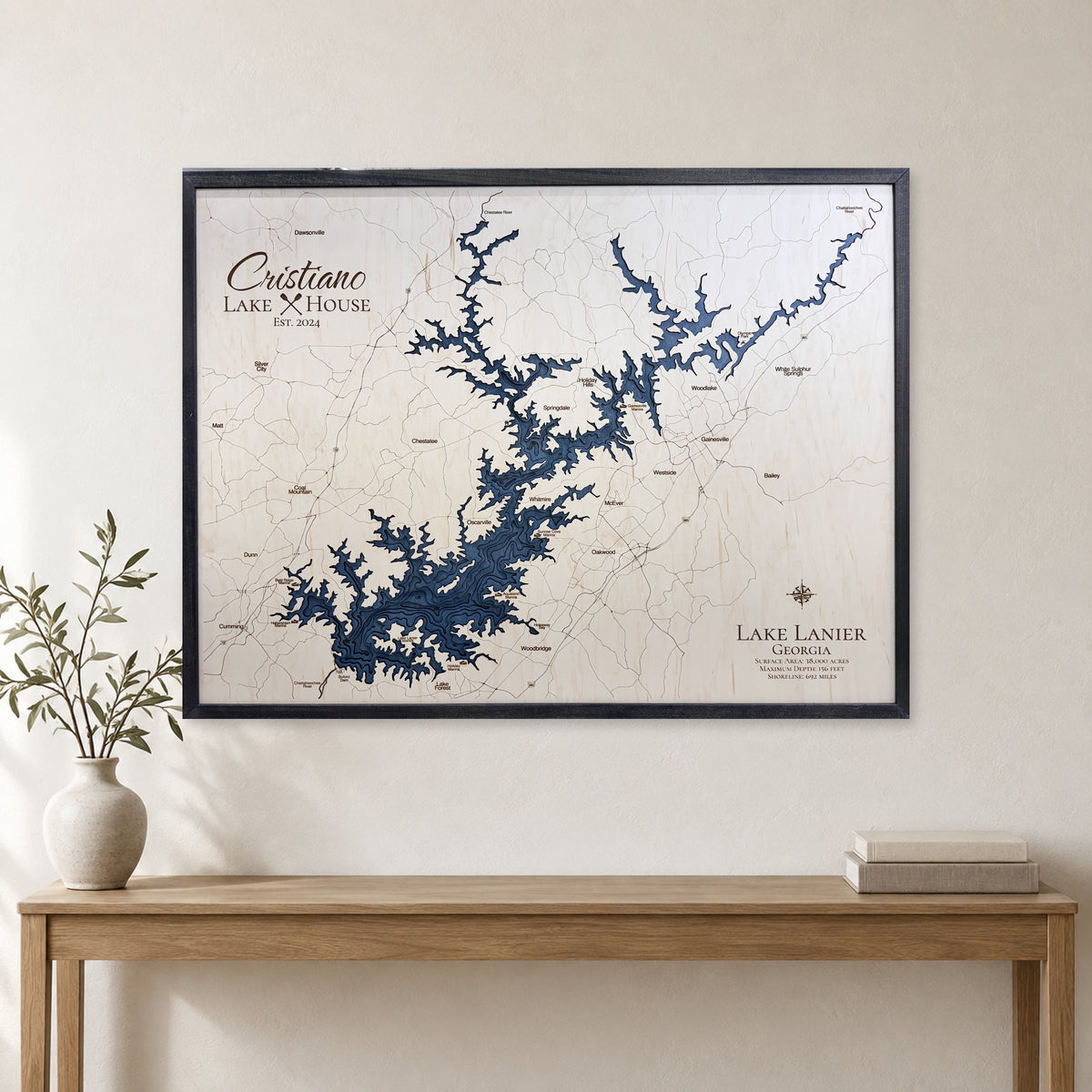 Lanier Cristiano wood map — multilayer, staged room mockup