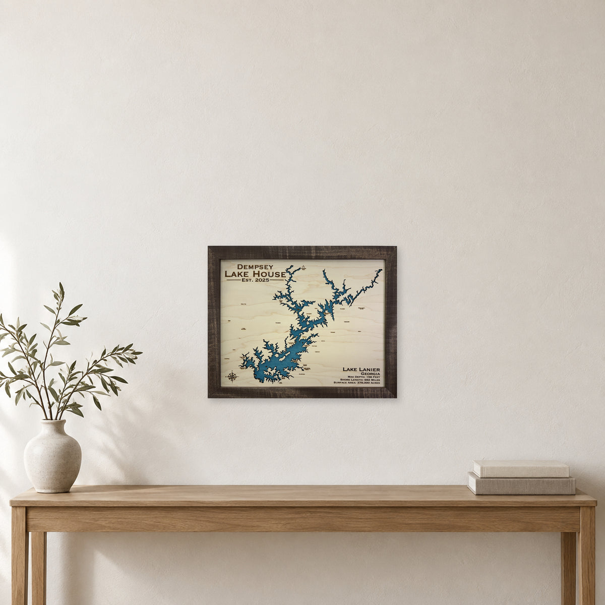 Lanier Dempsey wood map — single layer, staged room mockup