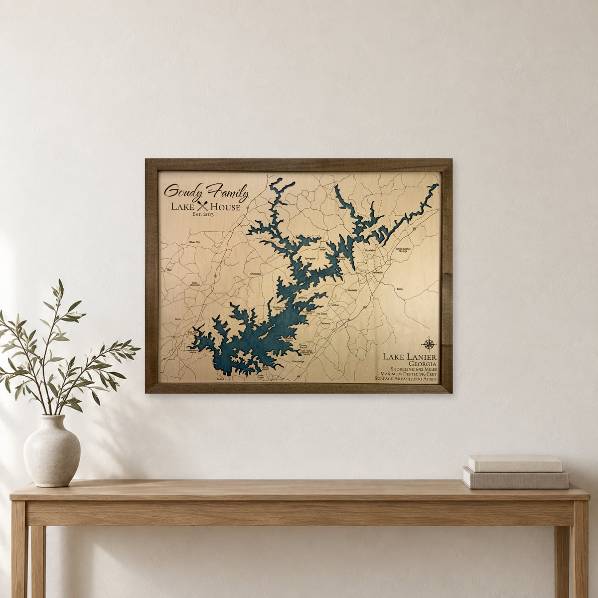 Lanier Goudy wood map — single layer, staged room mockup