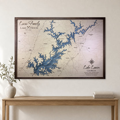 Lanier Lucas wood map — multilayer, staged room mockup