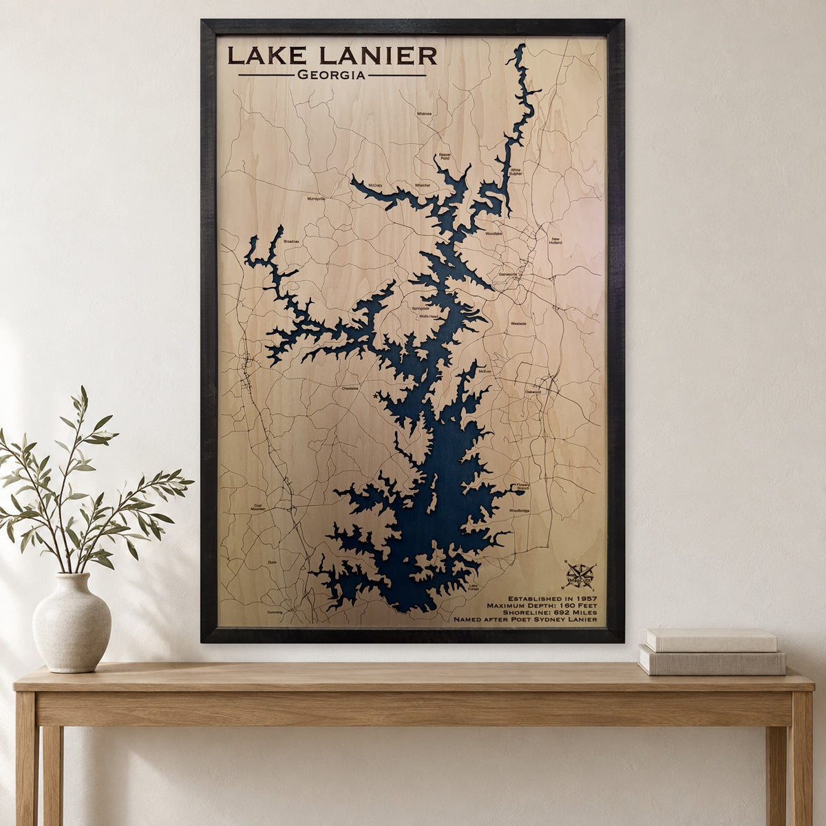 Lanier Nadiak wood map — single layer, staged room mockup