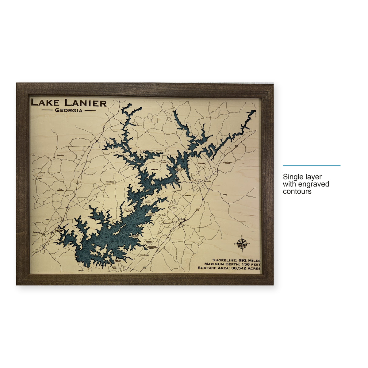Lanier Radtke wood map — single layer with engraved contours, layer option shown