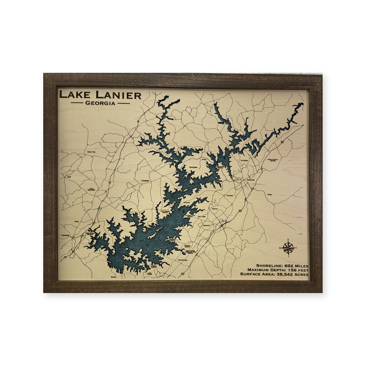Lanier Radtke wood map — single layer with engraved contours, white background