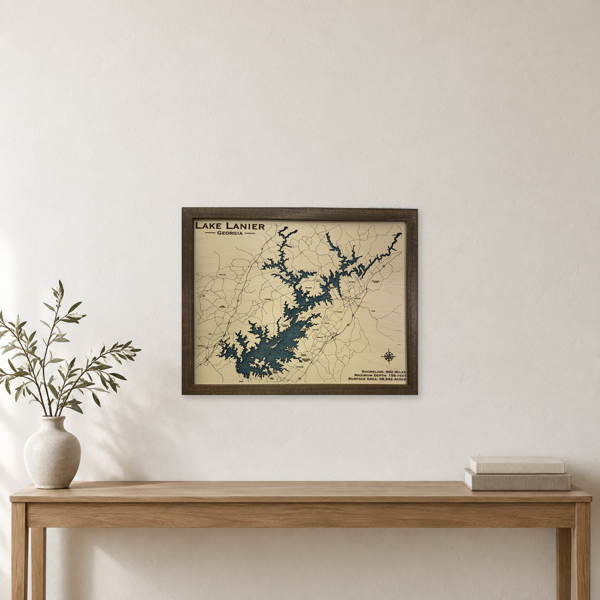 Lanier Radtke wood map — single layer with engraved contours, staged room mockup