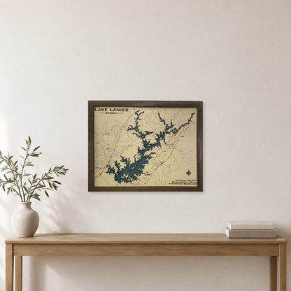 Lanier Radtke wood map — single layer with engraved contours, staged room mockup