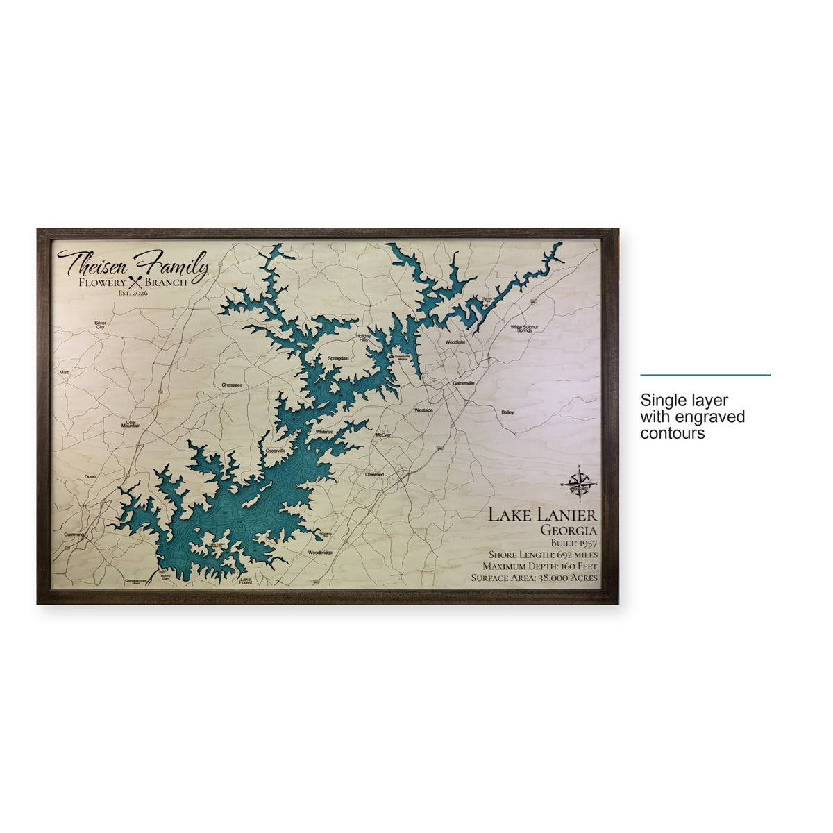 Lanier Theisen wood map — single layer with engraved contours, layer option shown