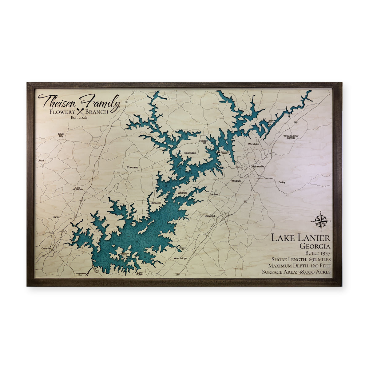 Lanier Theisen wood map — single layer with engraved contours, white background