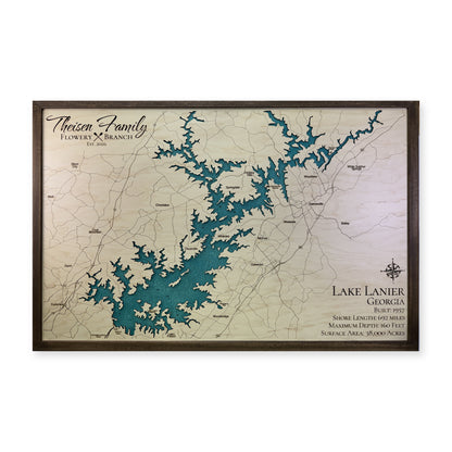 Lanier Theisen wood map — single layer with engraved contours, white background
