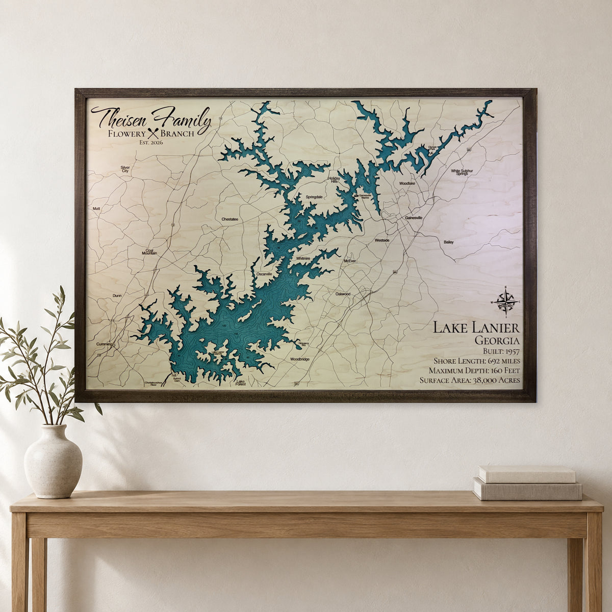 Lanier Theisen wood map — single layer with engraved contours, staged room mockup