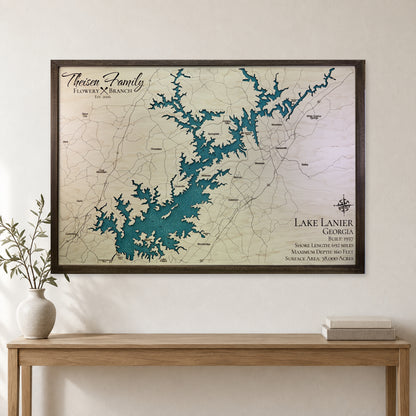Lanier Theisen wood map — single layer with engraved contours, staged room mockup