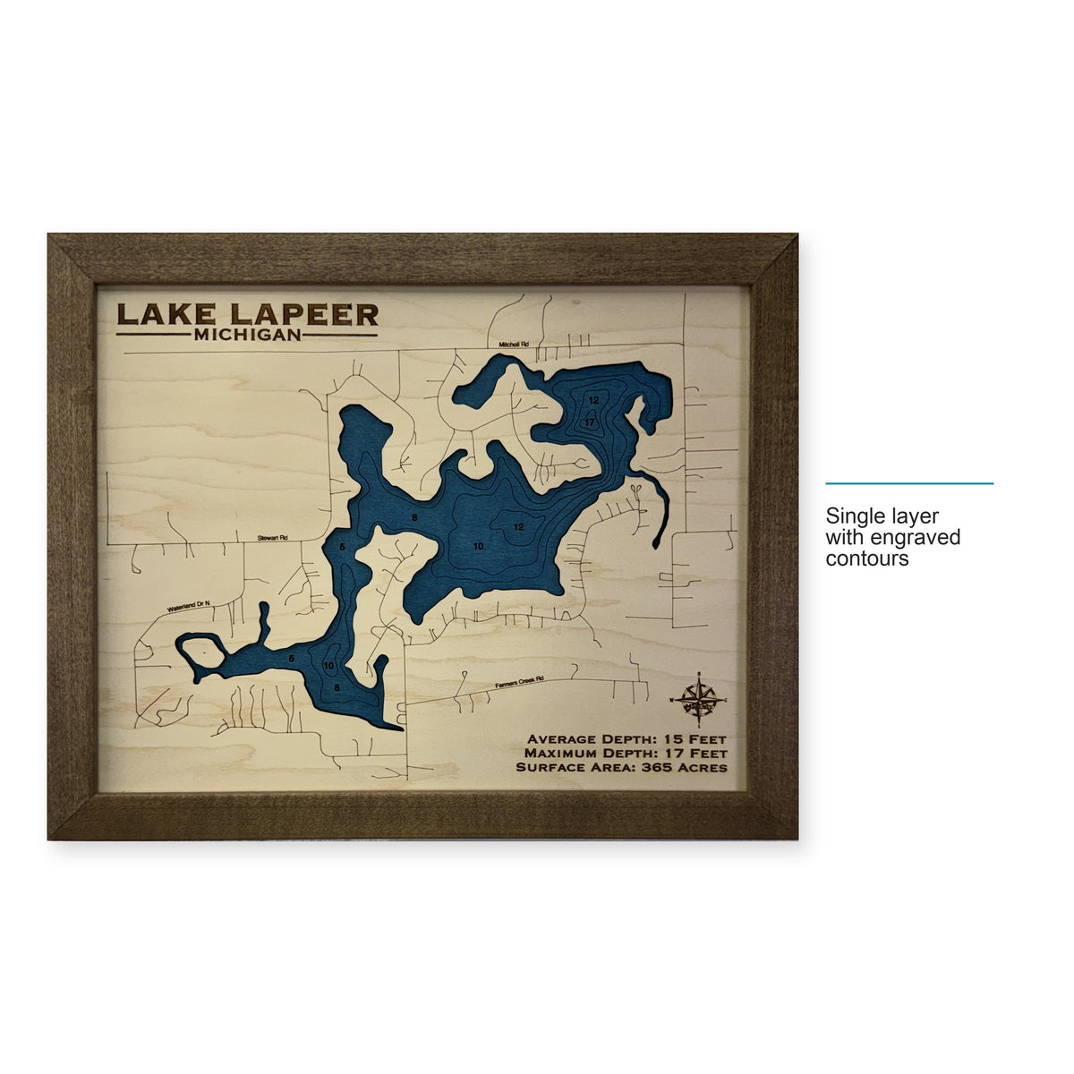 Lapeer Spaine wood map — single layer with engraved contours, layer option shown