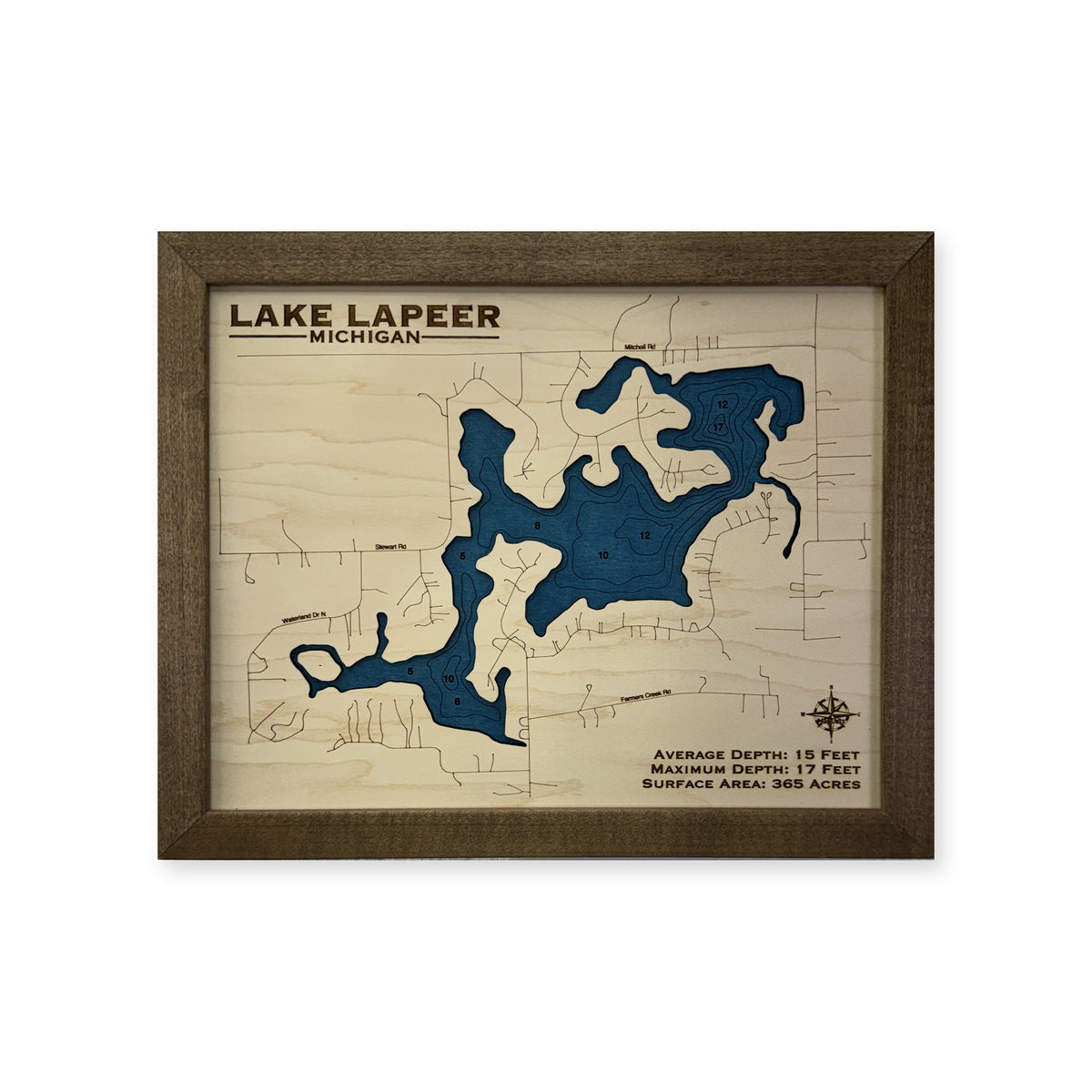 Lapeer Spaine wood map — single layer with engraved contours, white background