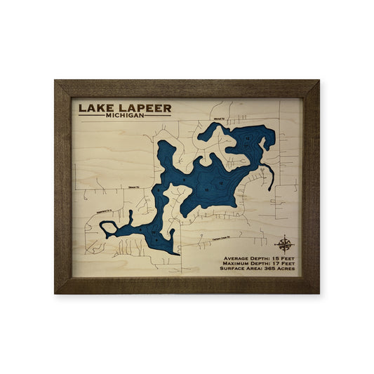 Lapeer Spaine wood map — single layer with engraved contours, white background