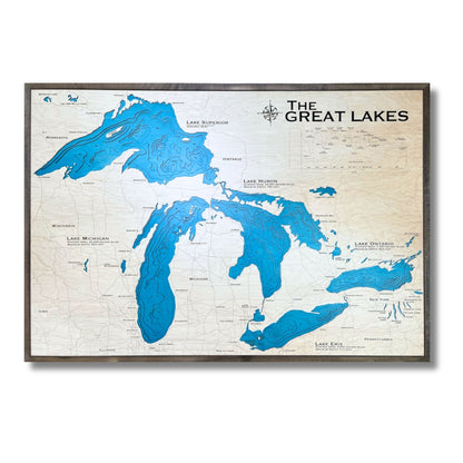 Large wooden map of The Great Lakes with cut water layers. 
