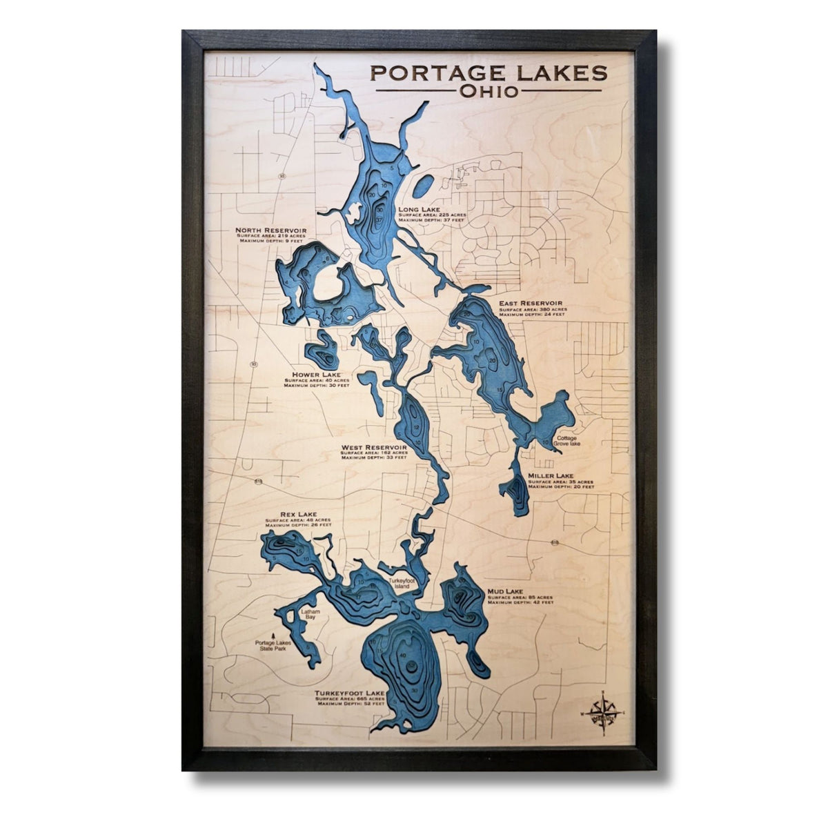 Large Portage Lakes 3D map with black frame. 