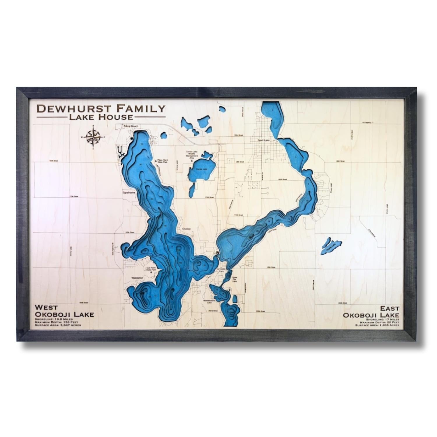 Horizontally framed Okoboji Lakes Map with custom title. 