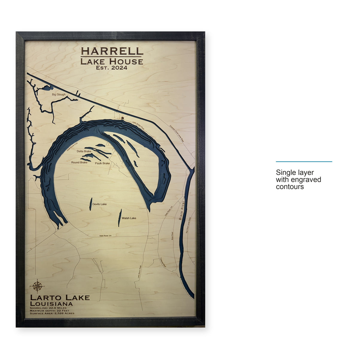 Larto Harrell wood map — single layer with engraved contours, layer option shown
