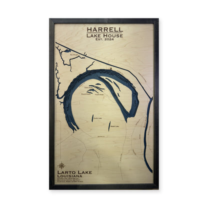 Larto Harrell wood map — single layer with engraved contours, white background