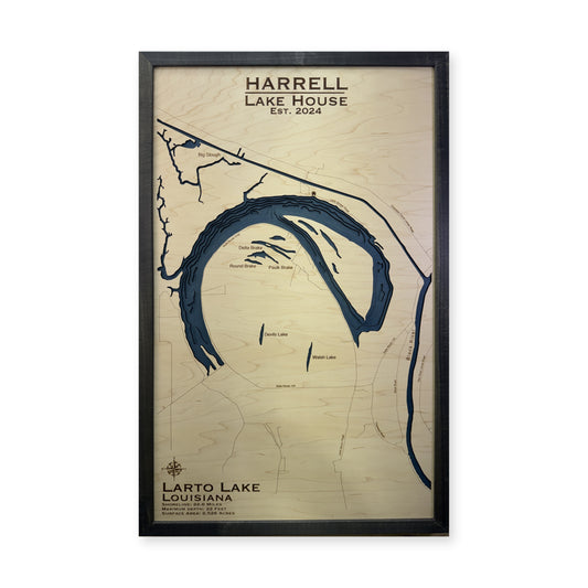 Larto Harrell wood map — single layer with engraved contours, white background