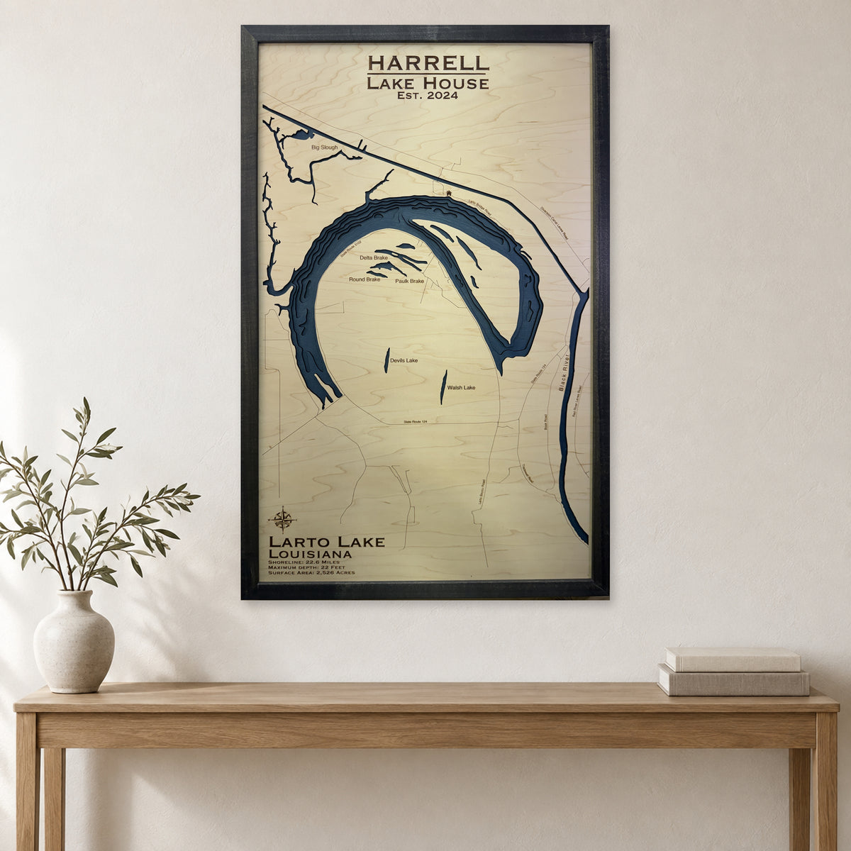 Larto Harrell wood map — single layer with engraved contours, staged room mockup