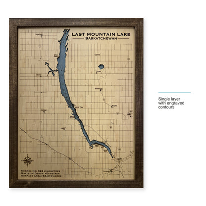 Last Mountain wood map — single layer with engraved contours, layer option shown