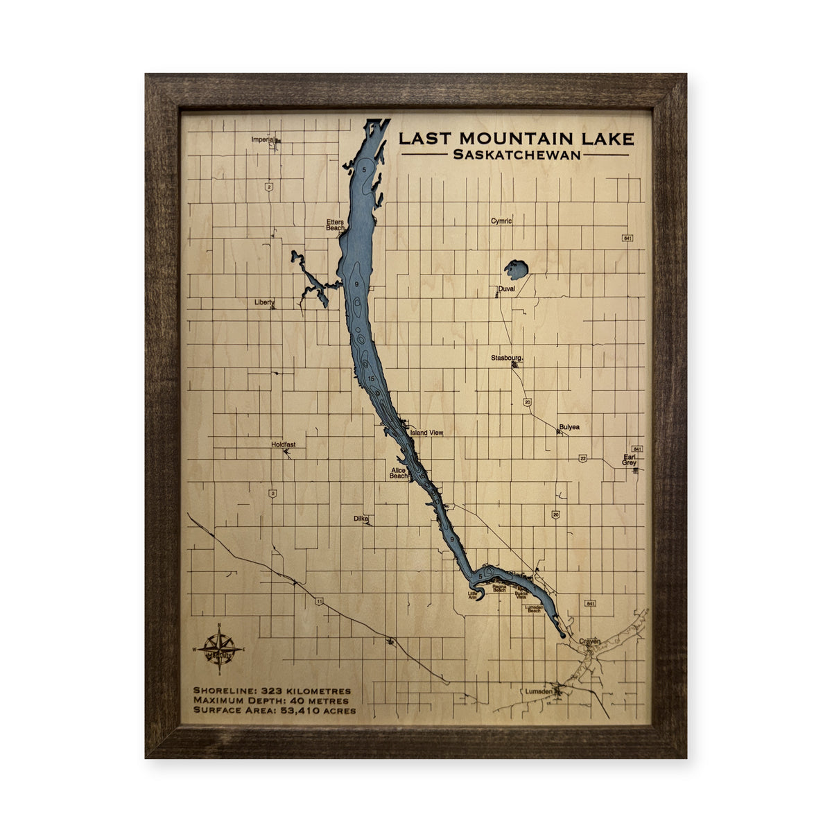 Last Mountain wood map — single layer with engraved contours, white background
