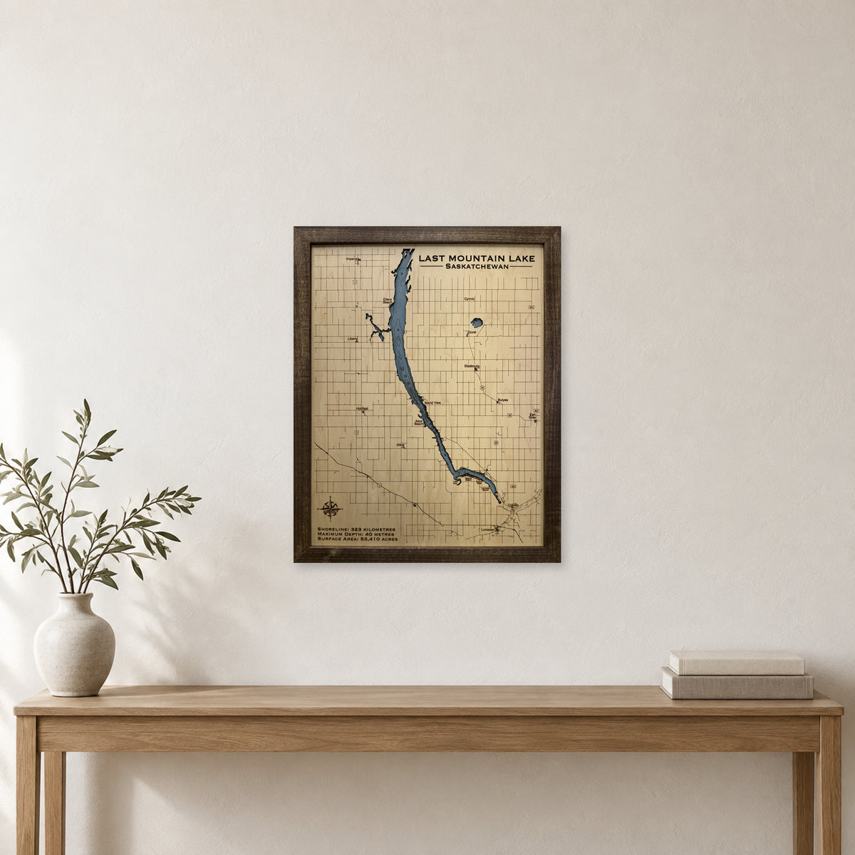 Last Mountain wood map — single layer with engraved contours, staged room mockup
